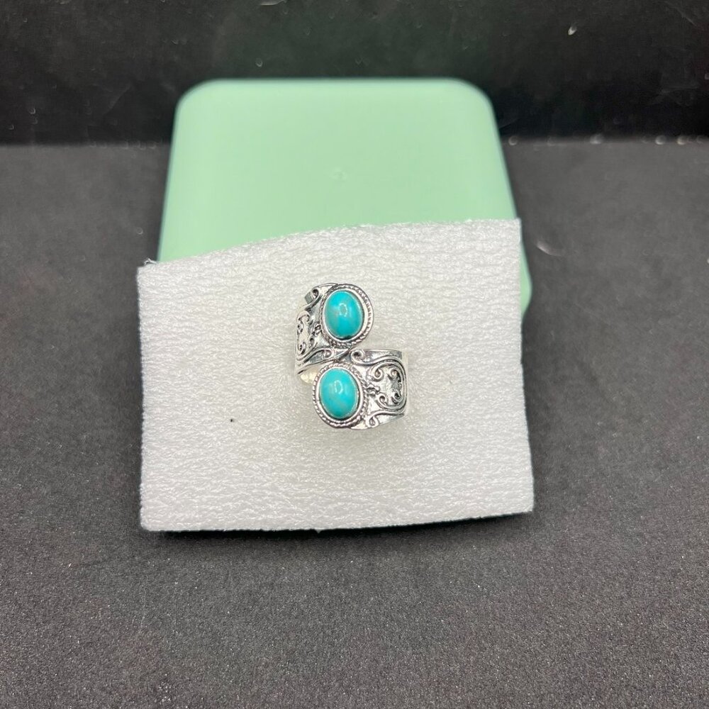 Double Turquoise Silver Ring - Size 6.5